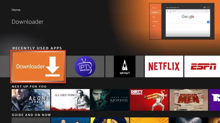 Downloader app highlighted on the Amazon Fire TV home screen