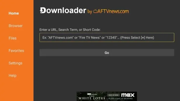Downloader home screen with the box for entering a URL or short code