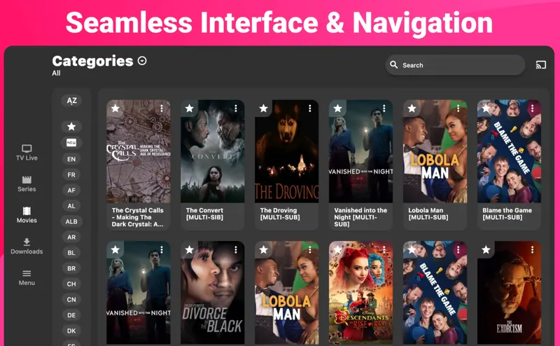 IPTV Expert on Windows showing a grid of movies sorted by category