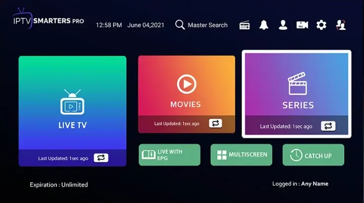 IPTV Smarters Pro home screen with Live TV, Movies, Series and Catch Up tiles