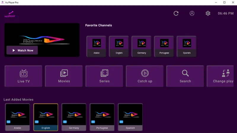 Vu Player Pro on Windows with favourite channels and Live TV, Movies, Series and Catch up buttons