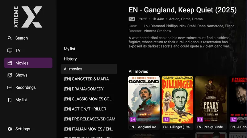 XtremeHD Player movie library with categories down the side and movie posters