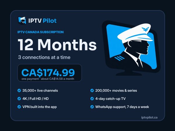 IPTV Pilot IPTV Canada plan, 12 Months, 3 connections